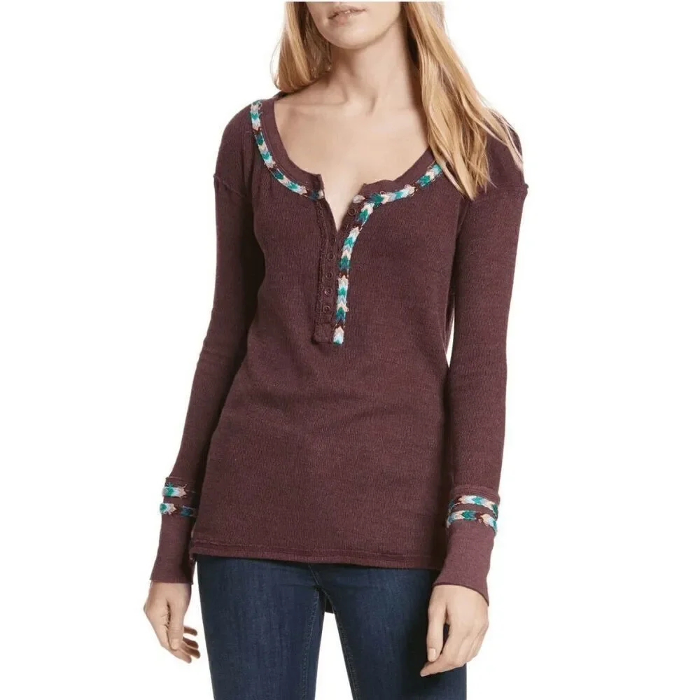 Free People Rainbow Thermal Wine Maroon Long Sleeve Boho Small